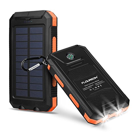 FLOUREON 10000mAh Solar Charger Power Bank Waterproof Portable External Battery Backup with Dual USB for Android iPad iPhone Cellphones, 2 LED Flashlight with Compass for Emergency(Orange)