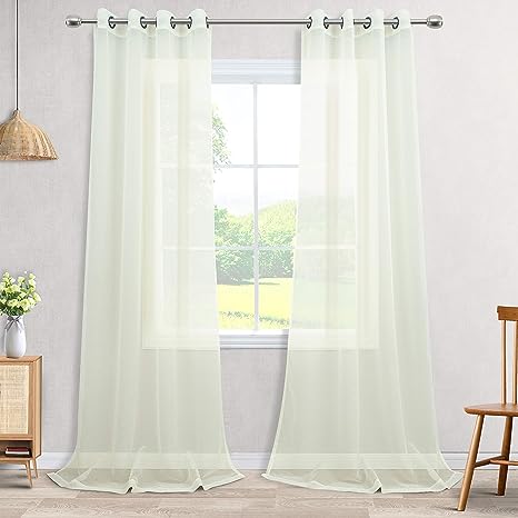 Sheer Ivory Curtains 96 Inches Long for Bedroom Set 2 Grommet Window Drapes Tulle Textured Ivory Sheer Curtains for Living Room Sliding Glass Door 52x96 Inch Length Offwhite Cream Color Off White