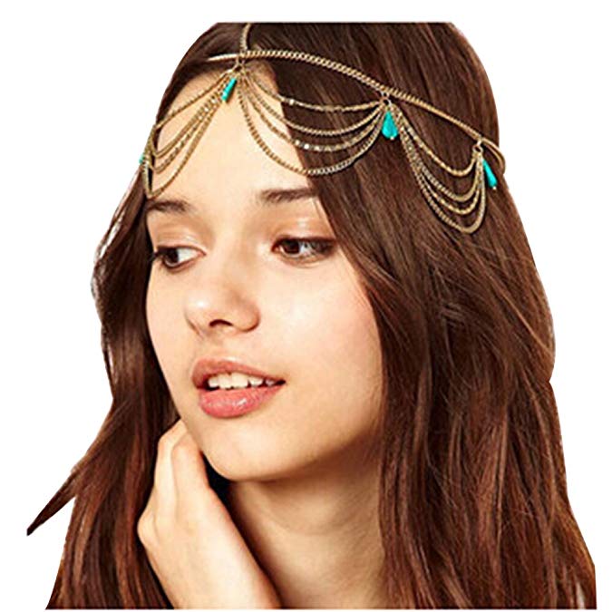 Unijew Head Chain Gold Indian Style Hair Pendent Turquoise headdress super shiny hair band …