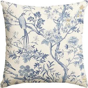 AVOIN colorlife Chinoiserie Trees Birds Blue and White Throw Pillow Cover, 18 x 18 Inch Cushion Case Outdoor Decoration for Sofa Couch Farmhouse