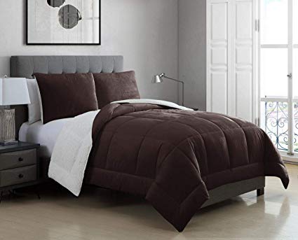 3 Piece Micromink Sherpa Silky Smooth Plush Oversized Chocolate Comforter Set King