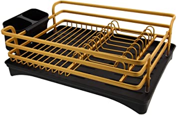 Cuisinart Aluminum Rust Proof Dish Drying Rack – Includes Wire Dish Drying Rack Removable Tray with Swivel Draining Spout, and Utensil Caddy, Kitchen Counter Organizer- Gold