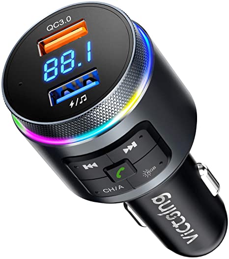 VicTsing FM Transmitter Car Bluetooth, [Auto Frequency Tuning for Easier to Setup] Bluetooth Car Adaptor QC3.0, 9 RGB Dynamic Backlit, Ring Knob, Radio Music Player/Car Kit Hands-Free Calls Dual-mic