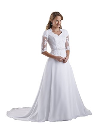 Isabelwedding Women's V Neck Half Sleeve Lace Applique Modest Wedding Dress