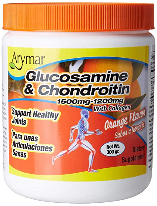 Arymar Glucosamine & Chondroitin Powder 1500mg-1200mg with Collagen Orange Flavor Support Healthy Joints, Orange, Orange, 300 Gram, X-Large