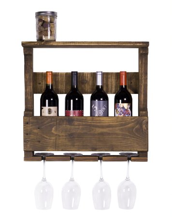 DAKODA LOVE - The Original Wine Rack USA Handmade Reclaimed Wood Wall Mounted 4 Bottle 4 Long Stem Glass Holder and Shelf Dark Walnut