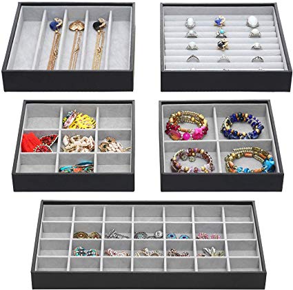 Magic Stackable Jewelry Trays Closet Dresser Drawer Organizer for Accessories, Gadgets & Cosmetics, Storage Display Showcase Holder Box, Set of 5