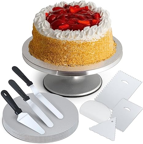 Koozam 18-Piece Cake Decorating Kit with 10 Boards - Aluminium Alloy Revolving Stand 12" Cake Turntable - with 10-inch Round Cake Boards - Spatulas Pie Server/Cutter Baking Decorating Tools