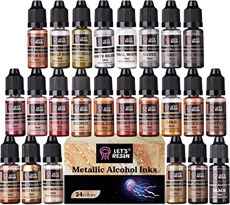 LET'S RESIN Metallic Alcohol Ink Set-24 Colors Metal Color Alcohol Based Resin Ink, High Concentrated & Shimmer Mixatives, Alcohol Paint for Epoxy Resin, Resin Petri, Tumblers, Coasters( Each 0.35oz)