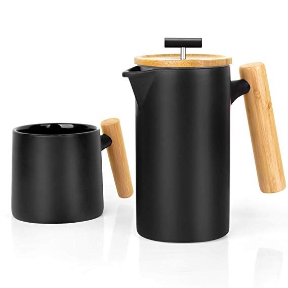Ceramic French Press Coffee Maker/Coffee Press/Coffee Plunger (24 oz.) |Non-Porous Stoneware | with Coffee Mug (Black)