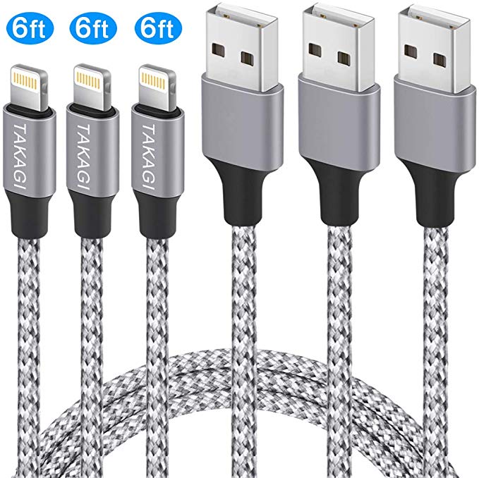 iPhone Charger, TAKAGI Lightning Cable 3PACK 6Ft Nylon Braided USB Charging Cable High Speed Data Sync Transfer Cord Compatible with iPhone 11/11 Pro Max/XS MAX/XR/XS/X/8/7/Plus/6S/6/SE/5S/5C/iPad