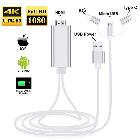 ZAMO 3-in-1 USB C Type C/Micro USB to HDMI Adapter Cable, Digital HD 1080P HDMI Cable,Mirror Mobile Phone Screen to TV Projector,Compatible with S8/9 Note 8/9 and More