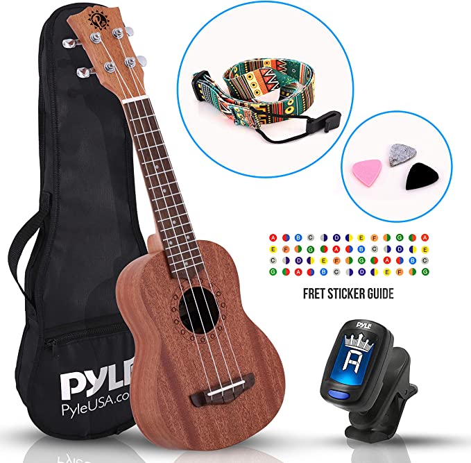 Learn to Play Ukulele Kit - Solid Wood Mahogany Soprano Professional Instrument with Solid Dark Brown Body & Neck, Black Walnut Fingerboard & Bridge - Pyle PUKT4580