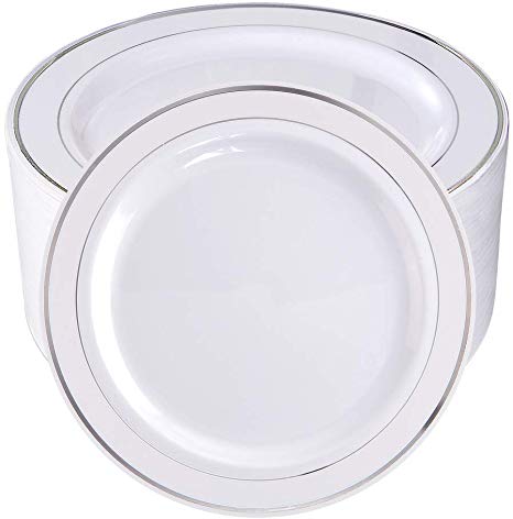 BUCLA 100Pieces Silver Rim Plastic Plates-7.5inch Silver Disposable Salad/Dessert Plates-Ideal for Weddings& Parties