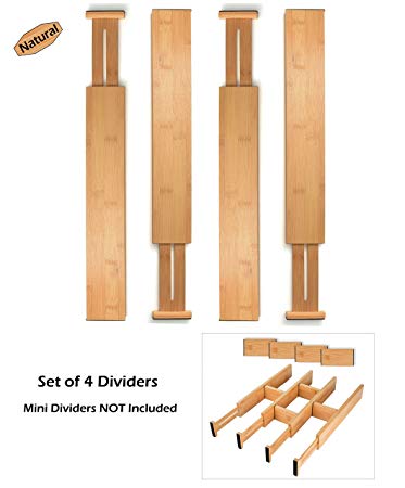 SKATCO Bamboo Drawer Dividers – Spring Adjustable Kitchen Drawer Organizers – Set of 4 Bamboo Drawer Organizer – Drawer Divider for the Kitchen, Bedroom, Dresser, Office, Bathroom – Natural