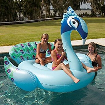 Giant 2 Person, 2 Sturdy Handles Pool Floats by Sun Pleasure - Colorful Blue Peacock