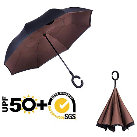 ABCCANOPY Inverted Umbrella,Double Layer Reverse Windproof Teflon Repellent Umbrella for Car and Outdoor Use, UPF 50  Big Stick Umbrella with C-Shaped Handle and Carrying Bag, Orange Sunflower