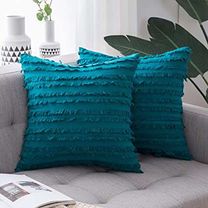 MIULEE Set of 2 Decorative Boho Throw Pillow Covers Cotton Linen Striped Jacquard Pattern Cushion Covers for Sofa Couch Living Room Bedroom 18x18 Inch Teal