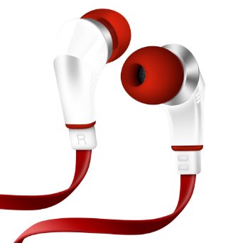 NoiseHush NX80 Earphones Premium Bass Stereo Headphones In-Ear with Tangle Free Cable Inline Microphone Earbuds - White/Red