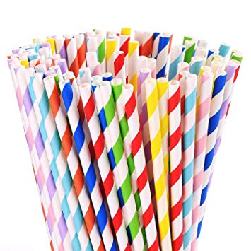 200 Biodegradable Paper Straws Bulk, Assorted Rainbow Colors Stripe Drinking Straws for Juice, Shakes, Smoothies, Wedding, Bridal/Baby Shower, Party Suppliers