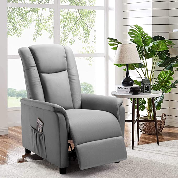 BOSSIN Single Recliner Chair Fabric Recliner Sofa with Padded Seat,Adjustable Modern Single Reclining Chair with Pocket for Living Room(Fabric, Gray)