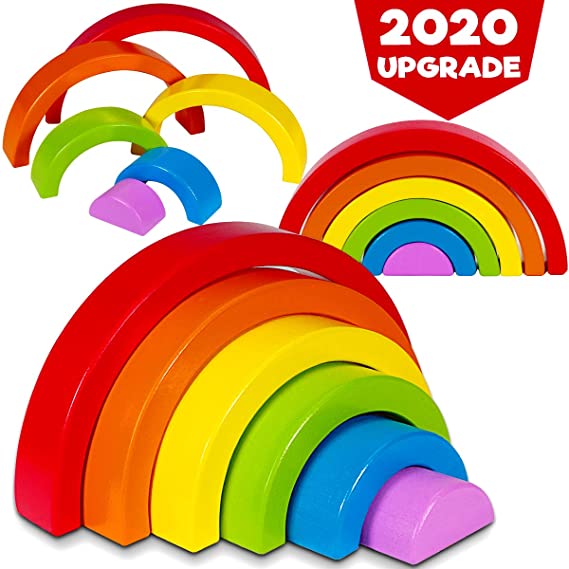 Dreampark Wooden Rainbow Stacking Toy Stacker Nesting Puzzle Blocks, Color Shape Matching Educational Learning Toys for Kids Toddlers Boys and Girls
