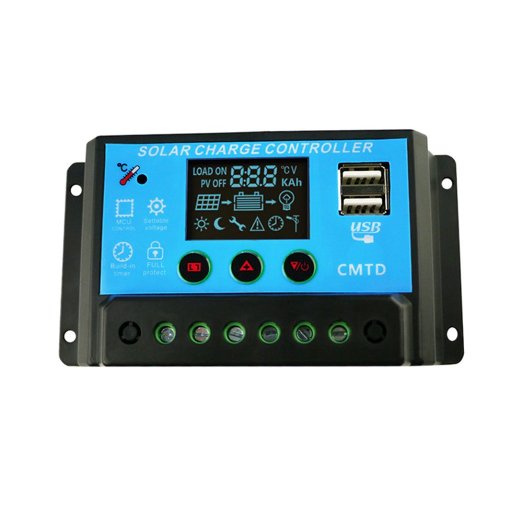Solar Charge Controller Solar Panel Battery Regulator Safe Protection 20A 12V/24V PWM with Temperature Compensation and Dual USB Ports 5V 2A Output - JVR TL49