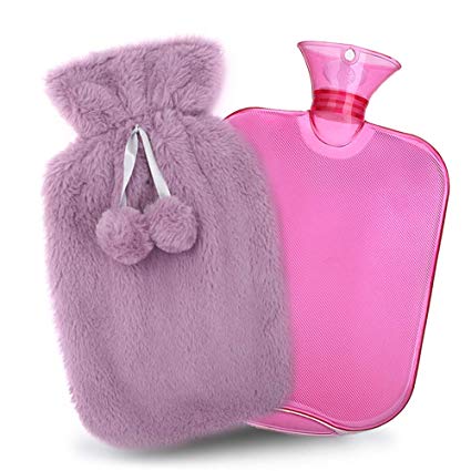 QIBOX Hot Water Bottle with Soft Fleece Cover, Classic Rubber Hot Water Bag PVC Hot Water Bottle for Pain Relief, Hot & Cold Therapy