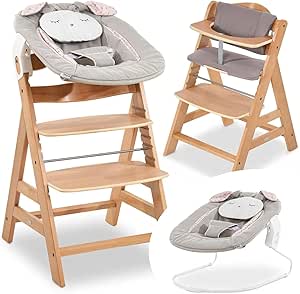 hauck - Chaise Haute Bébé Alpha Plus Newborn Set - Évolutive, avec Transat Bébé et Coussin d'Assise et Réducteur - Powder Bunny Nature