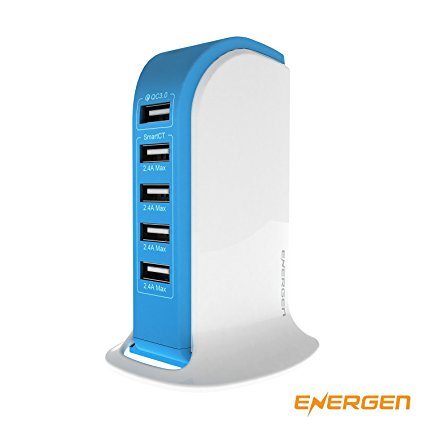 Energen QC 3.0 12.1A 66W 5-Port USB Desktop Charging Station, Qualcomm Quick Charge 3.0 USB Charger for iPhone, iPhone Plus, iPad, Smartphone and other USB Devices (5 Port - Blue)
