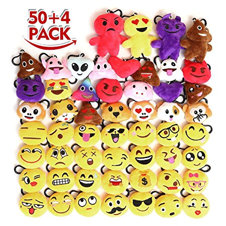 KINGSO 54 Pack 2.5'' Mini Emoji Plush Pillow Emoticon Keychain Decoration Kids Party Supplies Favors