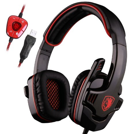 SADES SA901 Over Ear USB Wired 7.1 Surround Noise Cancelling PC Gaming Headset with Microphone (Black Red)