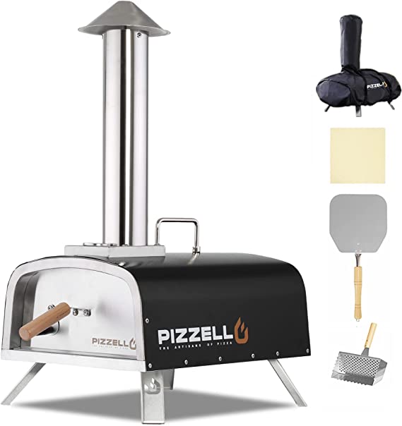 PIZZELLO Portale Pallet Pizza Oven Outdoor Wood Fired Pizza Ovens Included Pizza Stone, Pizza Peel, Fold-up Legs, Cover (Black)