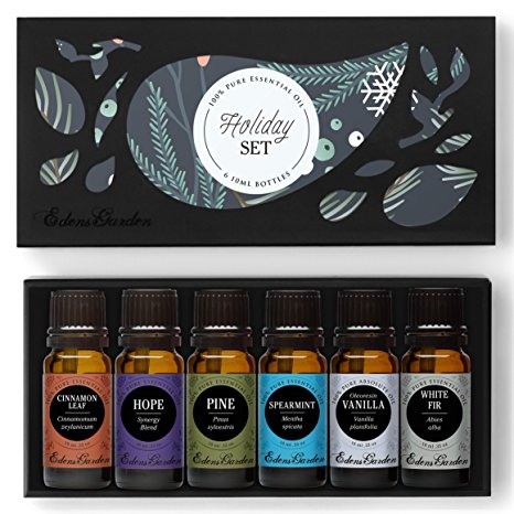 HOLIDAY Essential Oil 100% Pure Therapeutic Grade Aromatherapy Sampler Set- 6/ 10 ml of Cinnamon Leaf, Hope, Pine, Spearmint, Vanilla and White Fir by Edens Garden