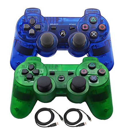 Bowink 2 Packs Wireless Bluetooth Controllers For PS3 Double Shock - Bundled with USB charge cord (Clear Blue Clear Green)