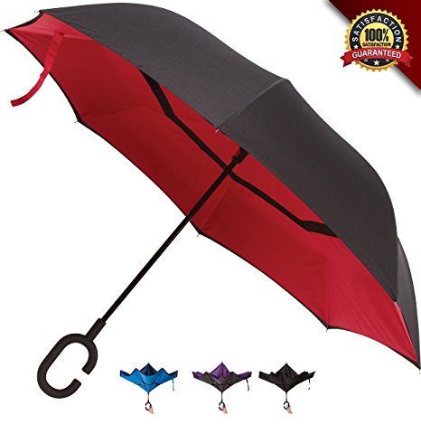 Double Layer Inverted Umbrellas - Windproof Reverse Folding Umbrella for Cars with UV Protection with C-Shaped Handle - Travel for Outdoor Rain & Sun with Carrying Pouch