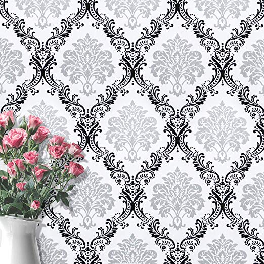 Wallpaper White Damascus Contact Paper Flower Sliver Wallpaper Black Peel and Stick Wallpaper Removable Wall Paper Wall Covering Self Adhesive Wallpaper Shelf Drawer Liner Vinyl Decal Roll17.7''x78.7'