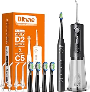 Bitvae Water Flosser And Electric Toothbrush Combo, 5 Modes Sonic toothbrush with 3 Modes & 5 Pressure Levels Water Dental flosser for Teeth Cleanning, Including 4 Toothbrush Heads and 4 Jet Tips