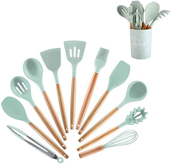 Silicone kitchen cookware set, with stand, 12 kitchen wooden handle cookware, BPA free, non-stick cookware, heat-resistant cookware set, Mint Green