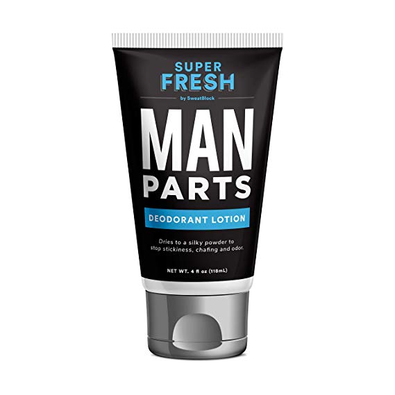 Super Fresh Man Parts Ball Deodorant for Men by SweatBlock. Talc-Free Hygiene lotion-to-powder cream for fresh balls & body. Stops stickiness and odor, 4 fl oz tube