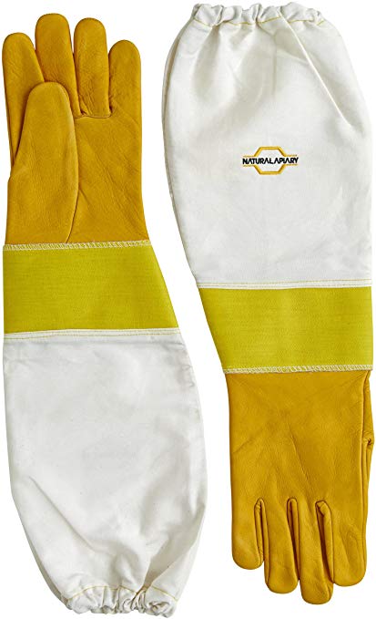 Natural Apiary Beekeeping Gloves Extra Long Twill Elasticated Gauntlets, 2X Large, Cowhide/Yellow