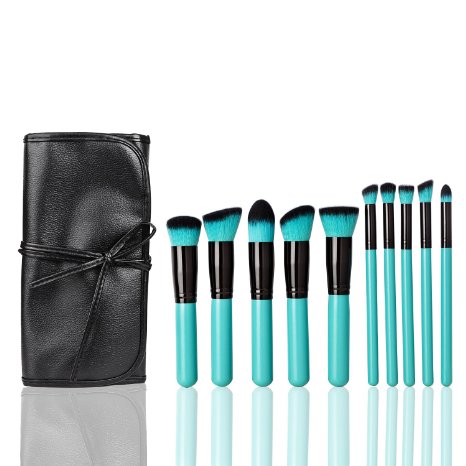 Matto Classic 10 Pcs Lake-Blue Makeup Brush Set with Black Pouch Premium Synthetic Hair Kabuki Brush Kit for Face Eye Foundation Cosmetic Tool