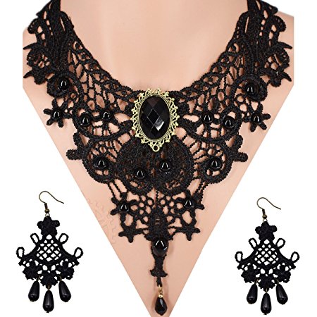 Prohouse(TM) Girls Black Flower Lace Gothic Lolita Pendant Choker Necklace Earrings Set