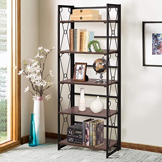 VECELO 5 Tier Bookshelf, Industrial Tall Bookcase with Metal Frames,Modern Standing Storage Rack Shelf Organizer for Home and Office,Dark Brown