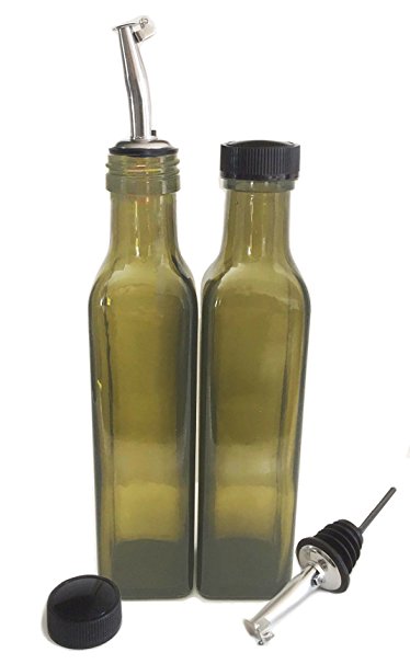 NiceBottles - Olive Oil Dispenser with Stainless Steel Flip Top Pourer, Antique Green, Square, 250ml - Pack of 2