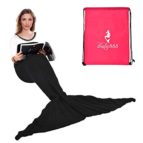 Handmade Mermaid Tail Blanket Crochet , Ibaby888 All Seasons Warm Knitted Bed Blanket Sofa Quilt Living Room Sleeping Bag for Kids and Adults(72.8"x35.5", Black)