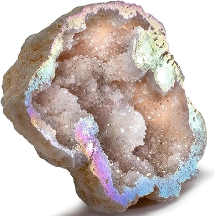 KALIFANO Angel Aura Quartz Geode - Titanium Bonded High Energy Crystal Cuarzo Cluster/Druzy with Information Card - Natural Reiki Rock Used for Clarity and Purpose (Family Owned and Operated)