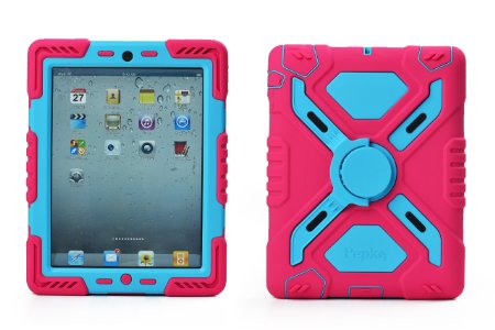 Pepkoo Ipad 234 Case Plastic Kid Proof Extreme Duty Dual Protective Back Cover with Kickstand and Sticker for Ipad 432 - Rainproof Sandproof Dust-proof Shockproof Pinkblue