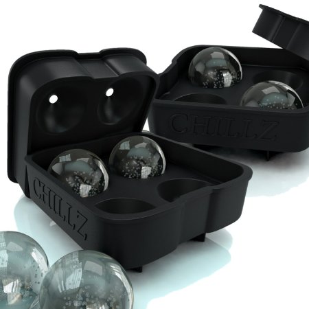 Chillz Ice Ball Maker - 2 Black Flexible Silicone Ice Trays - Mold 8 X 45cm Round Ice Ball Spheres 2 Pack