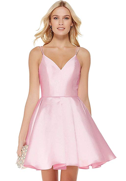NewFex Homecoming Dresses V-Neck Backless Spaghetti Straps Satin Short Prom Dresses